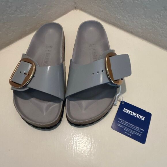 Birkenstock Women's Size 10 Madrid Big Buckle Slide Sandals Shine Coin Grey NWT - Picture 1 of 10